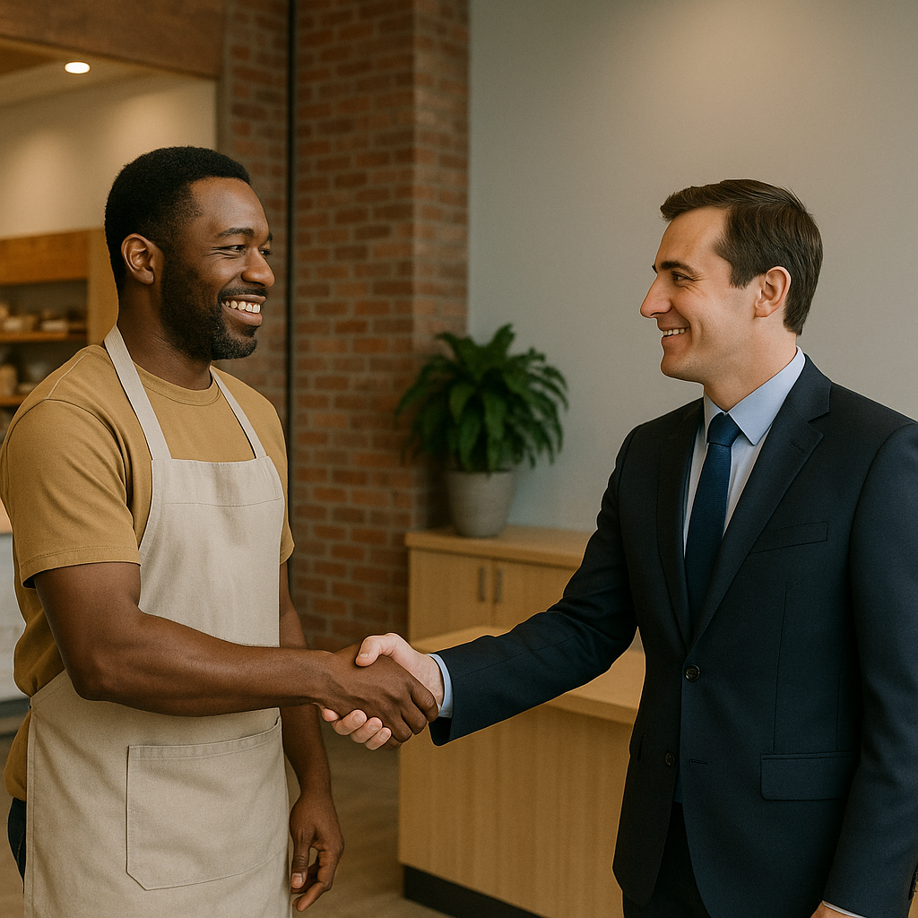A small business owner wearing an apron warmly shakes hands with a professional in a navy suit inside a modern office with exposed brick and wood accents, representing a successful business loan agreement.